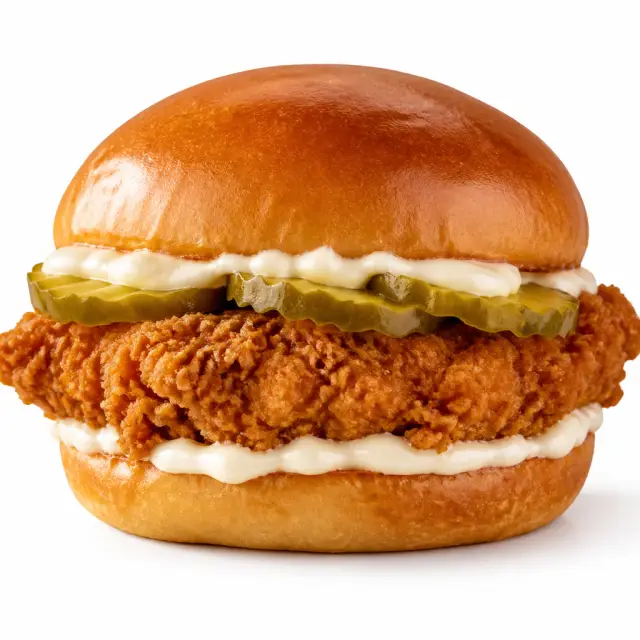 Crispy chicken sandwich with pickles on a bun